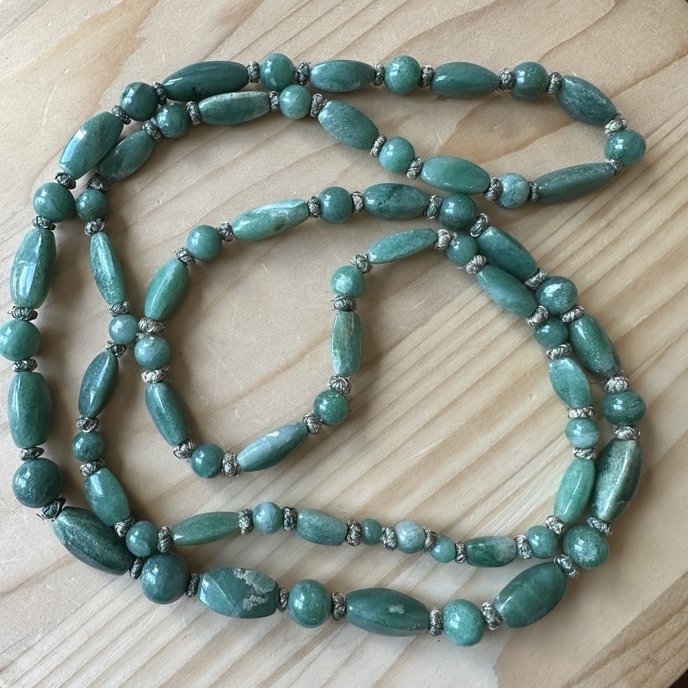 VTG Asian Aventurine Beaded Necklace 51 Inch Round Tri Sided Hand Knotted 166.4g